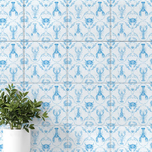 Azulejo De Cerâmica Lagosta e Caranguejos Preppy Costeiros em Azul Cla