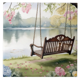 Azulejo De Cerâmica Lakeside Swing em Jardim Romântico de Aquarela