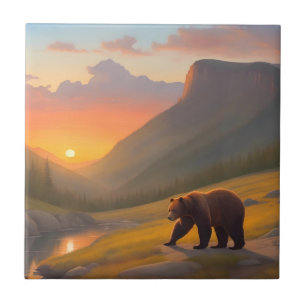 Azulejo De Cerâmica Lama de Cabina Florestal Sunset do Urso Grizzly