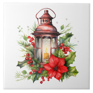 Azulejo De Cerâmica Lanterna de Natal Vermelho Poinsettia e Pinheiro