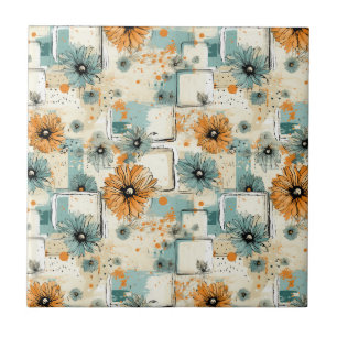 Azulejo De Cerâmica Laranja Azul Botânico Floral Creme Antigo