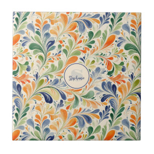 Azulejo De Cerâmica Laranja Azul Verde Floral Paisley Vintage