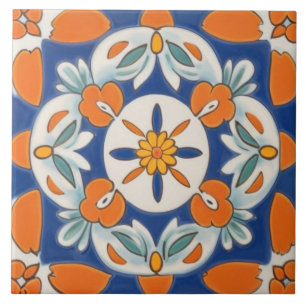 Azulejo De Cerâmica Laranja e Azul Geométrico Floral Mediterrâneo