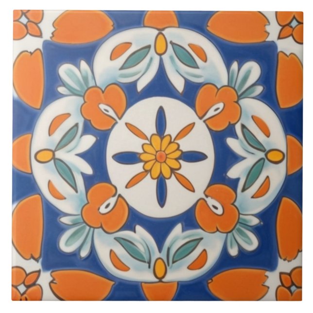 Azulejo De Cerâmica Laranja e Azul Geométrico Floral Mediterrâneo (Frente)