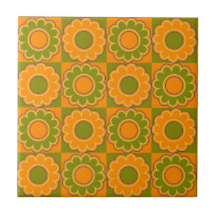 Azulejo De Cerâmica laranja e verde azeitona de flower power dos anos
