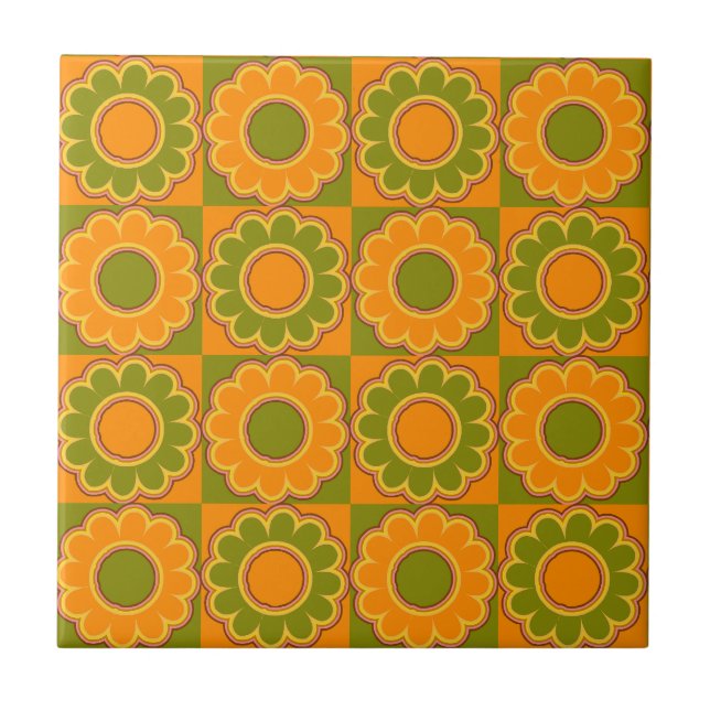Azulejo De Cerâmica laranja e verde azeitona de flower power dos anos (Frente)