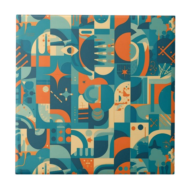 Azulejo De Cerâmica Laranja e Verde Geométrico Abstrato (Frente)