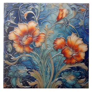 Azulejo De Cerâmica Laranja Escuro e Arte Azul Nouveau Motif Floral