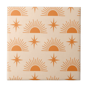Azulejo De Cerâmica Laranja Sunshine com Estrelas Explosivas de Meados