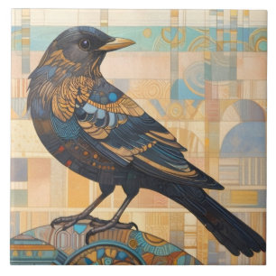Azulejo De Cerâmica Laranja-Terra de Arte de Pássaro Negra Decorante