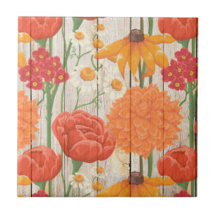 Azulejo De Cerâmica Laranja Vermelho Amarelo Floral Margaridas Brancas