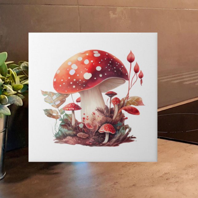 Azulejo De Cerâmica Laranja Vermelho Madeira Cogumeira (Add Cottagecore charm to your home with this red and orange woodland mushroom tile!)