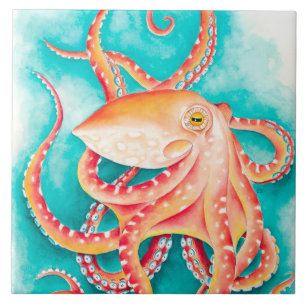 Azulejo De Cerâmica Laranja Vermelho Tentáculos Octopus Watercolor