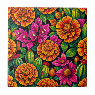 Azulejo De Cerâmica Laranja Vibrante Magenta Marigold Cactus Tropical 