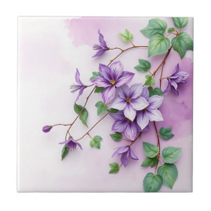 Azulejo De Cerâmica Lavanda Clematis Vine Watercolor