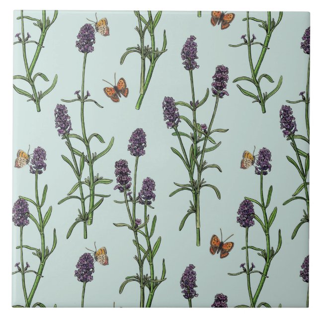 Azulejo De Cerâmica Lavandas e borboletas no vidro marinho (Frente)