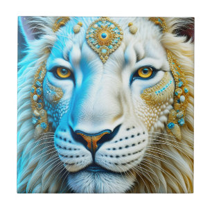 Azulejo De Cerâmica Leão branco majestoso e Dourado