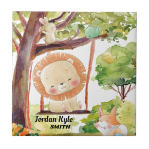 Azulejo De Cerâmica Leão, Raposa, Coelho e Pássaros Balançando Natu