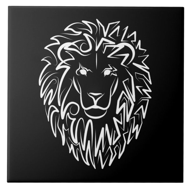 Azulejo De Cerâmica Leão Tribal Negro e Branco (Frente)