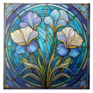 Azulejo De Cerâmica Left Floral Iris Art Nouveau Blue Green Retro
