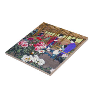 Azulejo De Cerâmica Legal cena de pessoas do jardim de flores oriental