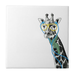 Azulejo De Cerâmica Legal girafa engraçada com óculos, fones de ouvi