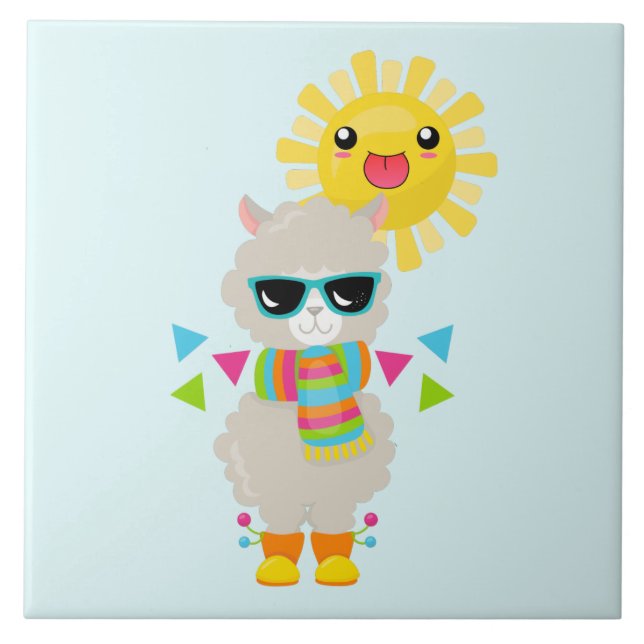 Azulejo De Cerâmica Legal Llama e sorrindo Kawaii Sun (Frente)