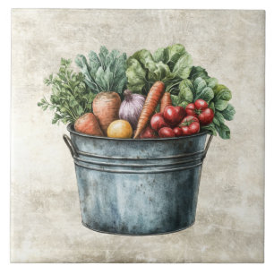 Azulejo De Cerâmica Legumes Rústicos em Balde de Aquarela