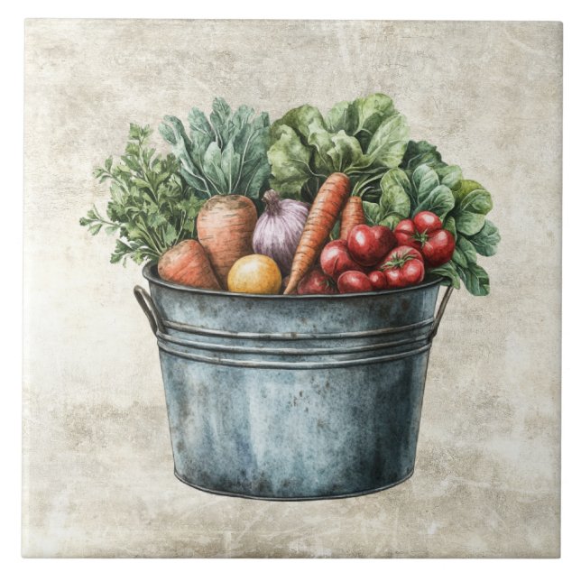 Azulejo De Cerâmica Legumes Rústicos em Balde de Aquarela (Frente)