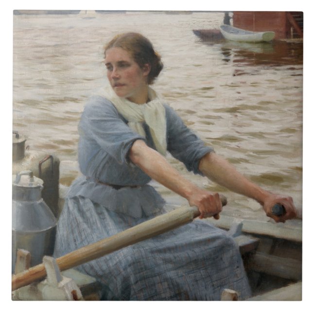 Azulejo De Cerâmica Leite Maid em um Barco Remoso (por Albert Edelsens (Frente)