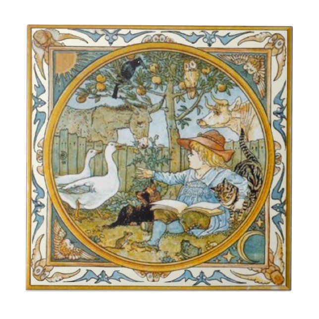 Azulejo De Cerâmica Leitura infantil aos animais Walter Crane Repro (Frente)