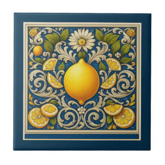 Azulejo De Cerâmica Lemon Almafi Blue Mediterranean Art Nouveau