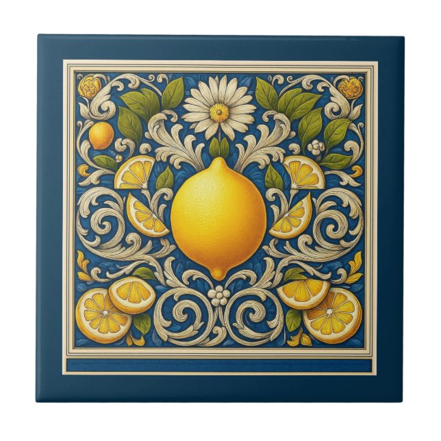 Azulejo De Cerâmica Lemon Almafi Blue Mediterranean Art Nouveau (Frente)