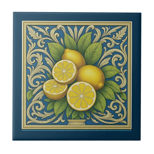 Azulejo De Cerâmica Lemon Amalfi Blue Mediterranean Art Nouveau (Frente)