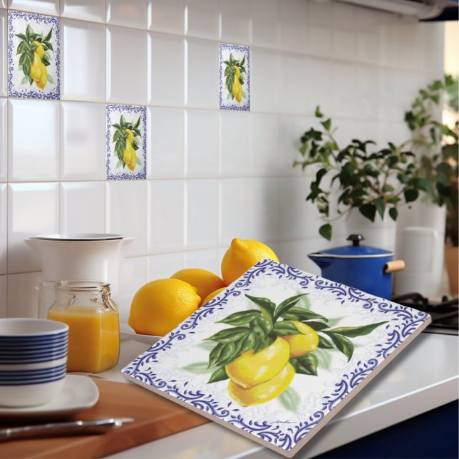 Azulejo De Cerâmica Lemons Blue Filigree European (European Italian Lemons 
Ceramic Kitchen Backsplash Tile)