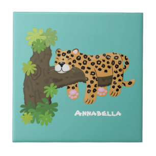 Azulejo De Cerâmica Leopardo bonito dormindo em desenho animado de árv