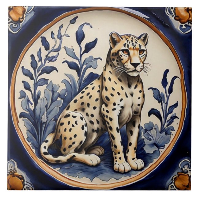 Azulejo De Cerâmica Leopardo Cheetah Marinho Azul Antiguidade (Frente)