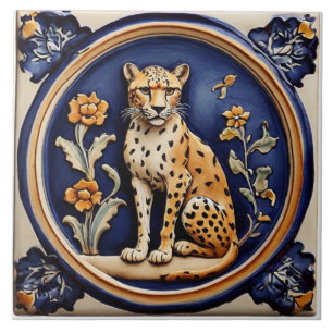Azulejo De Cerâmica Leopardo Chita e Flores Azul Escuro Antiguo