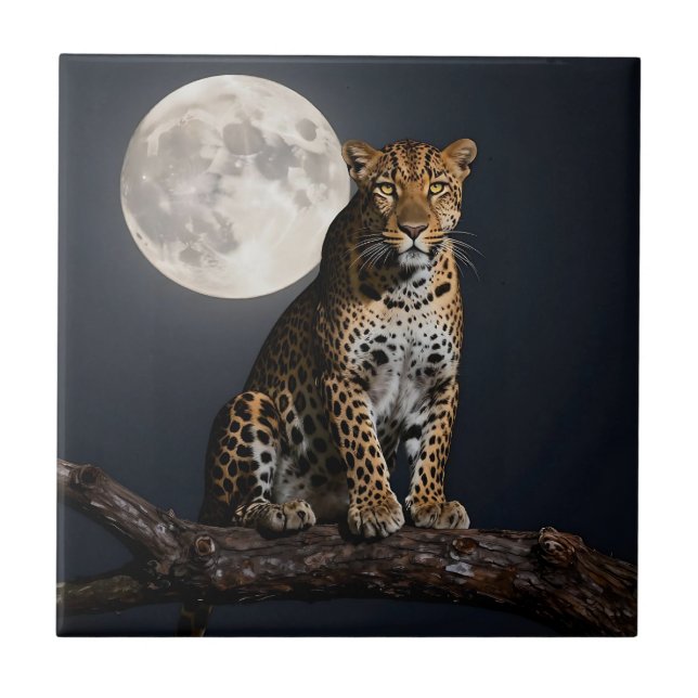 Azulejo De Cerâmica Leopardo Majestoso e Lua Cheia   (Frente)