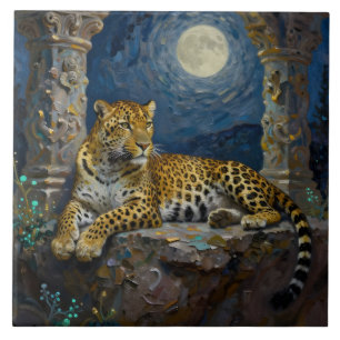Azulejo De Cerâmica Leopardo Majestoso na Saliência do Penhasco