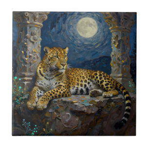Azulejo De Cerâmica Leopardo Majestoso na Saliência do Penhasco