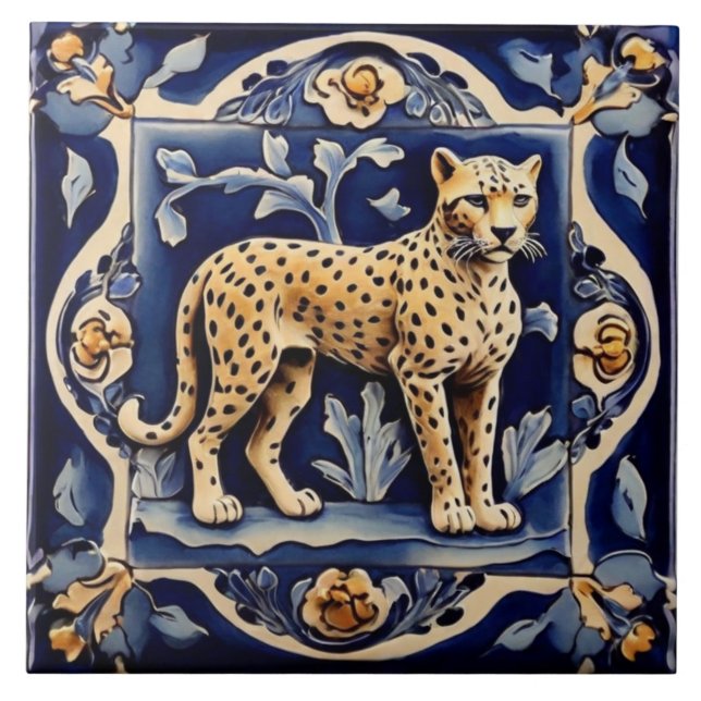Azulejo De Cerâmica Lepard Cheetah African Safari Animal Marinho Azul (Frente)