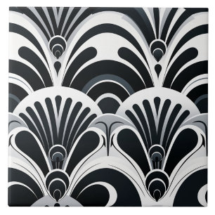 Azulejo De Cerâmica Leques Art Déco Escamados Preto e Branco