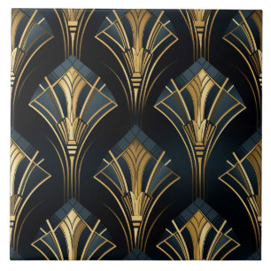 Azulejo De Cerâmica Leques de Diamante Art Déco em Azul Marinho e Dour