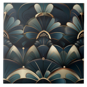 Azulejo De Cerâmica Leques Florais Art Déco em Verde Azul com Linhas D