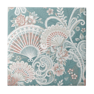 Azulejo De Cerâmica Leques Vitorianos Elegantes Florais Renda Azul