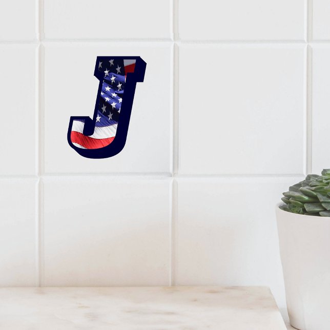 Azulejo De Cerâmica Letra americana Flag "J" Large Photo Cerâmica Azul (American Flag Letter "J" Large Photo Ceramic Tile)