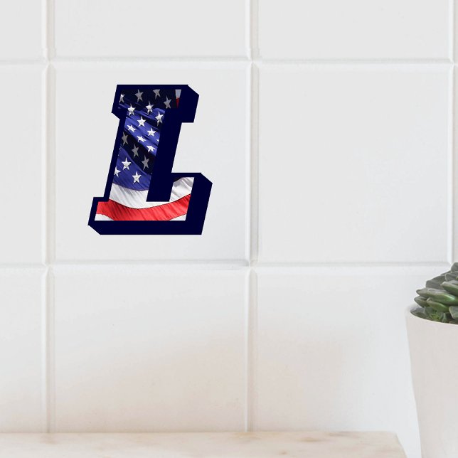 Azulejo De Cerâmica Letra americana Flag "L" Large Photo Cerâmica Azul (American Flag Letter "L" Large Photo Ceramic Tile)