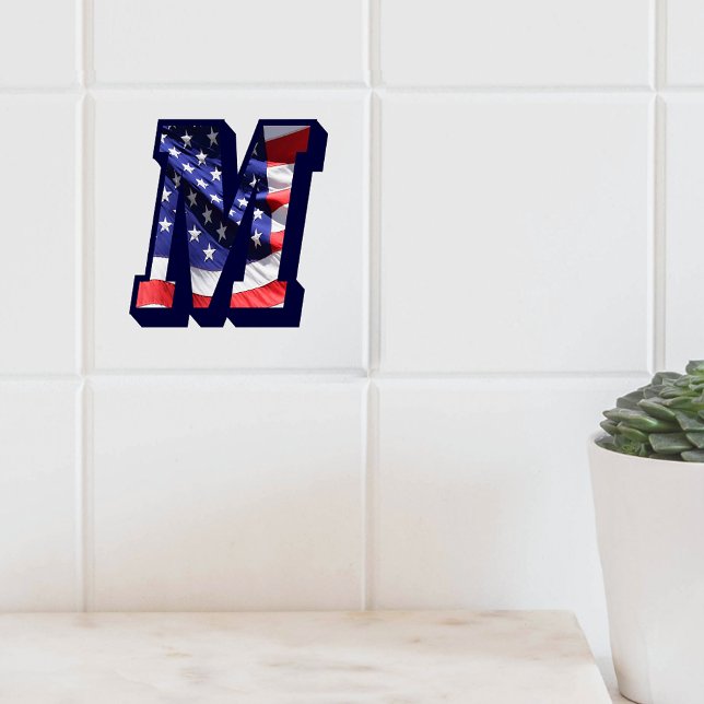 Azulejo De Cerâmica Letra americana Flag "M" Large Photo Cerâmica Azul (American Flag Letter "M" Large Photo Ceramic Tile)
