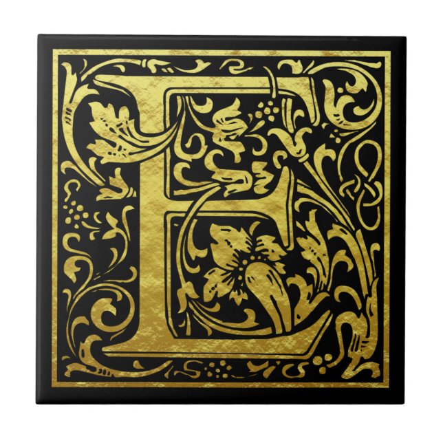 Azulejo De Cerâmica Letra E Primeira Letra Faux Dourado Preto (Frente)